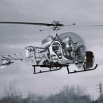 Black and white video still of a helicopter in the air