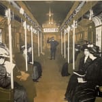 Detail of Collaged image of the interior of two identical subway cars with passengers, one sepia toned and one blue.