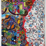 Colorful artwork comprised of oil paint and patterned fabric canvas in a "neo-African abstract expressionist" mode