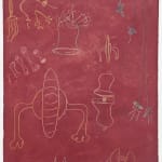 Red paper with yellow, green and white doodles of bells, and lights and anthropomorphic forms