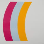 Print of a curve section made from 3 color strips, yellow, pink, orange