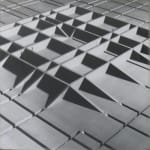 Black and white photomontage of a three dimensional structure in the form of raised grid lines, viewed from above