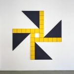 Acrylic painting on masonite of a shape formed by four identical black triangles with a strip of yellow surrounding one small square of negative space