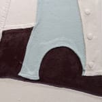 Detail of Oil and mixed media on canvas of light gray, white, and blue lines and shapes disappearing underneath each other and folding over