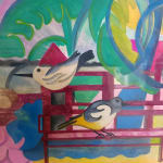Karen Wise - Bird House, original mixed media painting on paper