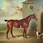 David Dalby of York (fl.1794-1836), A Chestnut hunter and a companion hound outside a stable building, 1835