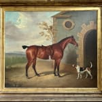 David Dalby of York (fl.1794-1836), A Chestnut hunter and a companion hound outside a stable building, 1835