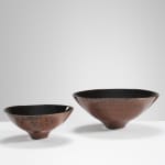 Chris Keenan, 97-99 Trio of tenmoku and celadon rocking bowls with red teardrop