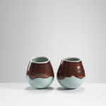 Chris Keenan, 97-99 Trio of tenmoku and celadon rocking bowls with red teardrop