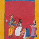 By a Mankot artist, c. 1720, Krishna’s wives honour the sage Narada and Krishna carries his vina for him on...