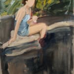 The image is a painting of a woman sitting on a bench outdoors. The style is loose and expressive, with broad, fluid brushstrokes that capture the movement of light and shadow rather than detailed features. The woman wears a sleeveless blue top and shorts