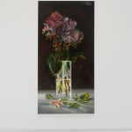 The image is a painting that portrays a bouquet of wilting roses in a clear glass vase, set against a dark background. The roses, which are in various stages of decay, exhibit deep reds and purples, with hints of pink on the petals, capturing the fleeting
