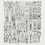 The image displays a monochromatic abstract artwork composed of various undulating lines and patterns that create a tapestry-like effect. The forms and shapes are reminiscent of natural textures, such as wood grain or topographical lines on a map, and flo