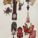This image is a collage of various vintage items and figures arranged in a seemingly random but artistic fashion against a white background. Central to the composition is a tall grandfather clock. Surrounding it are cut-out images of ornate furniture like