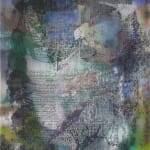 This image depicts an abstract painting with a blend of various colors and textures that give it a layered appearance. The colors range from blues and greens to softer hues of pink and yellow, with prominent areas of black and white that appear to form a 