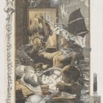 The image displays a surreal collage with Victorian-era influences, featuring a woman with birds in her hair, a horse's head protruding from a wall, and a monkey painting on a canvas. Various objects such as books, a globe, a crow, and intricate floral bo