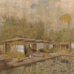 The image depicts a serene scene of a mid-century modern house with a swimming pool in the foreground. The pool's water reflects a patterned, golden light, suggesting it's either sunrise or sunset. Palm trees and shrubbery are visible around the house, an