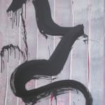 The image features an abstract painting with a bold, black brushstroke meandering down the canvas, creating a stark contrast against a backdrop of vertical pink and grey streaks that resemble rain. The black stroke is thick and expressive, with drips and 
