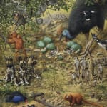 The image is a vibrant and detailed painting of a diverse collection of animals in a forest setting. It features various species such as lemurs, a cassowary, meerkats, a golden monkey, and birds, all intricately depicted among lush greenery and some scatt