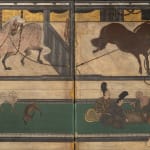 A PAIR OF SIX-FOLD BYŌBU (SCREENS) DEPICTING THE HORSE STABLE, JAPAN, MOMOYAMA (1573 - 1615) - EDO PERIOD (1603 -...
