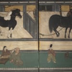A PAIR OF SIX-FOLD BYŌBU (SCREENS) DEPICTING THE HORSE STABLE, JAPAN, MOMOYAMA (1573 - 1615) - EDO PERIOD (1603 -...