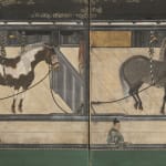 A PAIR OF SIX-FOLD BYŌBU (SCREENS) DEPICTING THE HORSE STABLE, JAPAN, MOMOYAMA (1573 - 1615) - EDO PERIOD (1603 -...