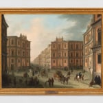 An oil painting of a busy Piazza, filled with people and horse-drawn carriages.