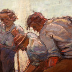 detail of a painting depicting three figures tired from work