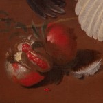 Painting of a still life with lute, carpet, dog, chickens and vase of flowers