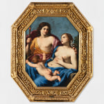 Classical painting with two adults and a child, faces obscured, octagonal golden frame.