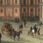 Detail of an oil painting of a busy Piazza, filled with people and horse-drawn carriages.