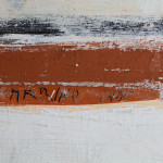 Detail of a mixed-media painting of a horse and rider. This detail shows the artist’s signature.
