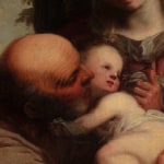 A detail of an oil painting of the Holy Family, the Child Jesus, the Virgin Mary and Saint Joseph, set in a natural landscape. The detail shows St Joseph holding baby Jesus.