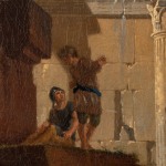Detail of an oil painting of figures gathered on ancient ruins.