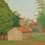 A detail of an oil painting of a Villa outside the city, surrounded by green leafy trees and a brick wall.