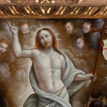 Details of an oil painting of the resurrection of Christ.