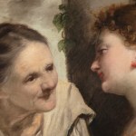 Detail of an oil painting shows an older and younger woman in conversation. The image illustrates an old fable using summer as a metaphor for beauty. Summer draws closer to its end, and beauty, along with life, is fleeting. This detail shows the faces of the two characters.
