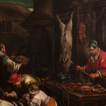 Detail of an oil painting of rural people preparing slaughtered animals for food.