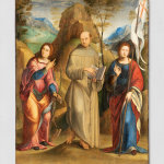 An oil painting of Saint Catherine, Anthony of Padua and Ursula, set in a natural landscape. Saint Catherine is seen on the left dressed in pink, blue and orange. At her feet, a broken spiked wheel and sword. The wheel is the instrument of torture that Catherine was condemned to death on by the Roman Emperor Maxentius [306-312] for her strong Christian beliefs. According to legend, the wheel broke when she touched it, so she was beheaded with the sword. In the Centre, Saint Anthony of Padua, dressed in a monk's robe, is holding a white lily and an open book. According to legend, the book represents an event when Anthony had a psalter (a book of psalms) stolen in Bologna, which is the origin of calling upon St. Anthony when something is lost or stolen. The lily represents purity and his battle against the devil. Saint Ursula, on the right, is dressed in red, blue and white, holding a flag and a single arrow. The legendary Romano-British Christian saint is said to have died along with an anonymous group of holy virgins in Cologne. Saint Ursula was fatally shot with an arrow during a pan-European pilgrimage by the leader of the Huns', a nomadic people who lived in Central Asia who had besieged Cologne. Artwork details: Artist: Lorenzo Costa. Artwork title: S. Antonio da Padova e le Sante Caterina e Orsola. Artwork year: c.1500-25. Artwork medium: Oil on board. Artwork dimensions: 217 x 175.5 x 2.5 cm.