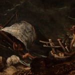 Detail of an oil painting of a fortification with storm and shipwreck.