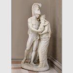 A marble sculpture depicting a scene from the Iliad, a major ancient Greek epic poem attributed to Homer, where the character Hector is saying farewell to his wife Andromache and son Astynax so that he could fight in the Trojan War.