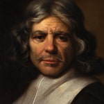 Detail of an oil painting on canvas of a male older figure with long grey hair dressed in black with a white collar.