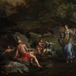 Detail of a painting depicting a bucolic landscape and several figures engaged in conversation.