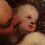 A detail of an oil painting of the Holy Family, the Child Jesus, the Virgin Mary and Saint Joseph, set in a natural landscape. The detail shows the face of St Joseph and baby Jesus.
