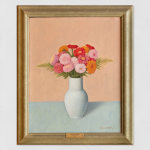 An oil painting of bright pink and orange flowers in a blue vase sat on a blue table with a pink background.