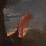 Painting of a rooster, some hens, a goose and a turkey