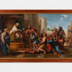 Painting depicting the Genesis passage of the Benjamin’s cup, showing various men and soldiers. One figure is seated on a throne.