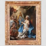 An oil painting of St Cecilia playing the harp amongst an angel and three cherubs.