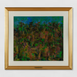 An abstract oil painting of a landscape in green, brown and blue.