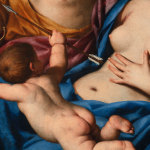 Classical painting with two adults and a child, faces obscured, octagonal golden frame.